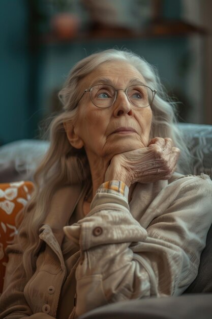 Una mujer con gafas sentada en un sofá adecuada para el estilo de vida y los conceptos de decoración del hogar