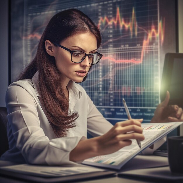 Una mujer con gafas se sienta en un escritorio con una computadora y un gráfico detrás de ella.