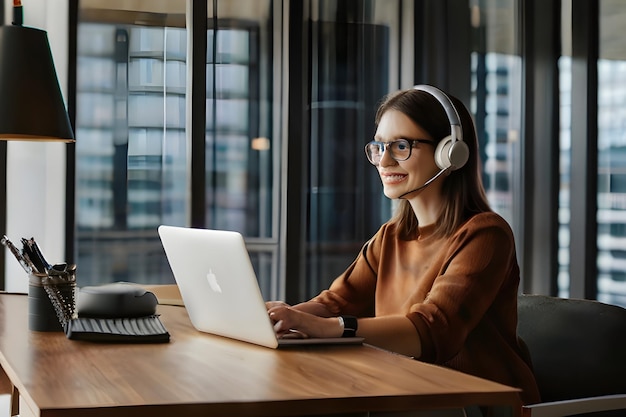 Foto una mujer con gafas se sienta en un escritorio con una computadora portátil y auriculares