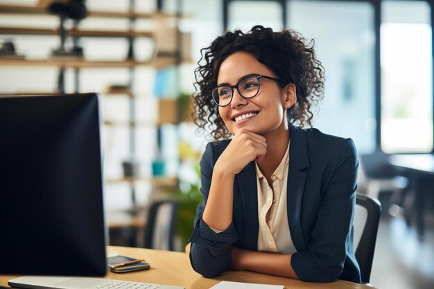 una mujer con gafas se sienta en un escritorio frente a una pantalla de computadora