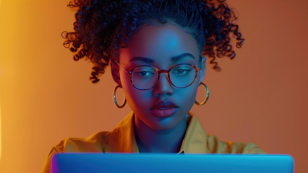 Foto mujer con gafas se sienta frente a una computadora portátil y mira atentamente a la pantalla estudiante afroamericana que participa en un curso en línea o entrenamiento contra una pancarta con espacio de copia