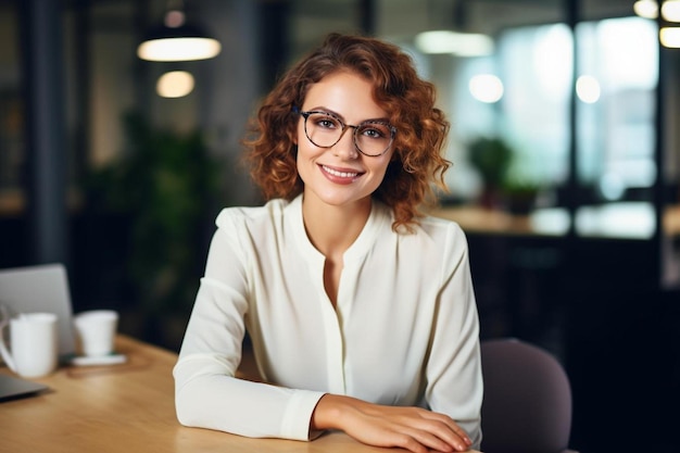 una mujer con gafas se sienta en una mesa con una taza de café