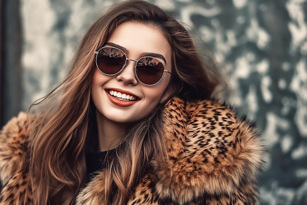 Una mujer con gafas de sol y un abrigo de piel con la palabra amor.