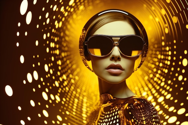 Una mujer con gafas de sol y auriculares dorados y negros con la palabra música.