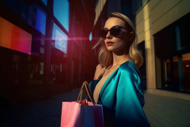 Una mujer con gafas de sol y un bolso en la ciudad.