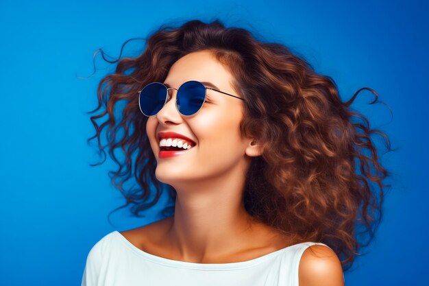 Foto mujer con gafas de sol en la cabeza y sonrisa