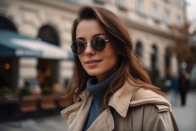 Una mujer con gafas de sol se para en la calle frente a un café.