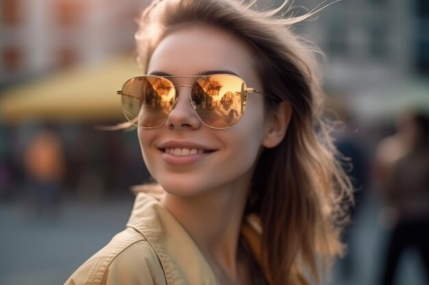 Una mujer con gafas de sol y una camisa amarilla IA generativa