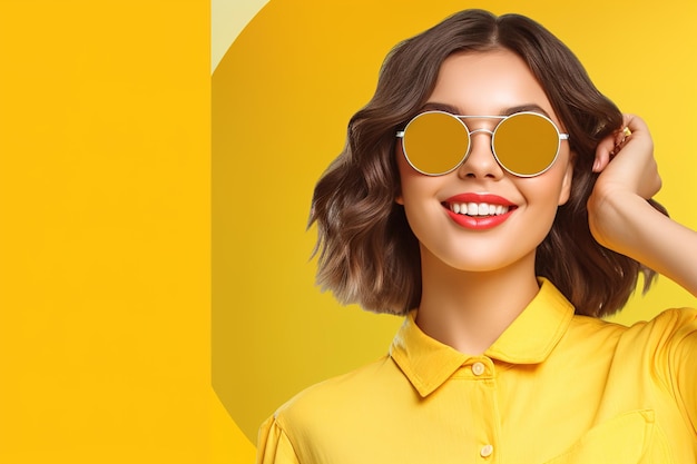 Una mujer con gafas de sol y una camisa amarilla con la palabra gafas de Sol en ella.