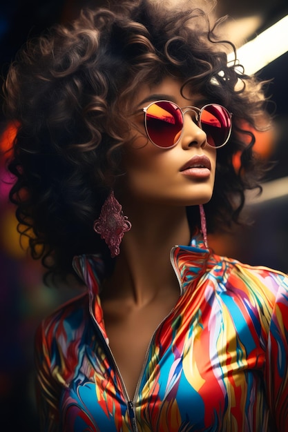 Mujer con gafas de sol y camisa colorida con encaje en el cuello IA generativa