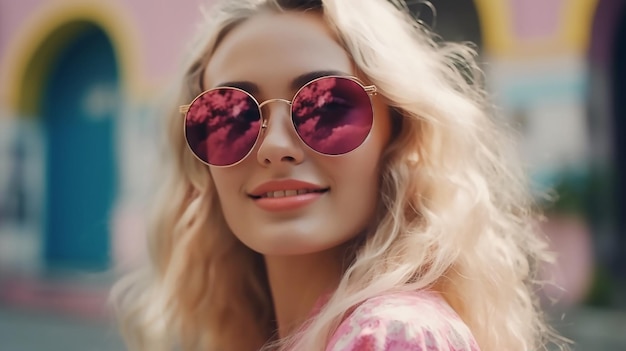 Una mujer con gafas de sol y una camisa rosa se para frente a un edificio colorido.