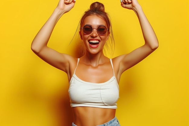 Mujer con gafas de sol y camiseta blanca