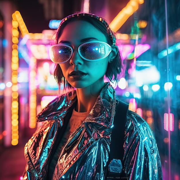 Una mujer con gafas de sol y una chaqueta brillante