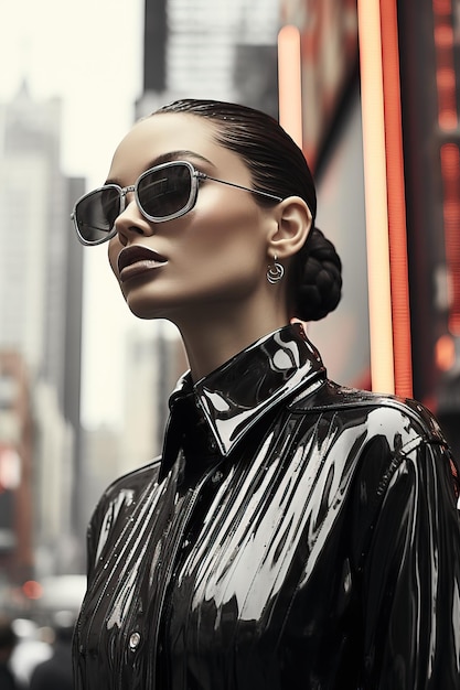 una mujer con gafas de sol y una chaqueta negra brillante