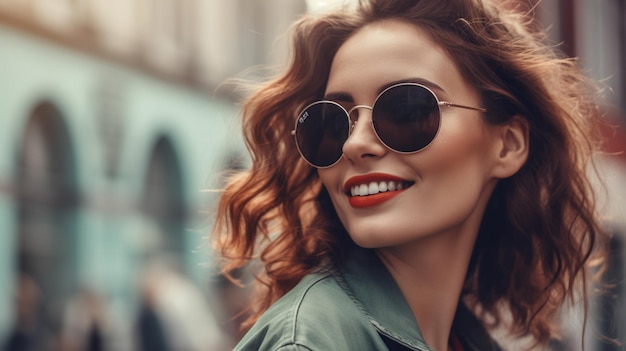 Una mujer con gafas de sol y una chaqueta verde se para en una calle.