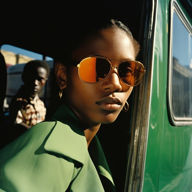 Una mujer con gafas de sol y una chaqueta verde lleva una chaqueta verde.