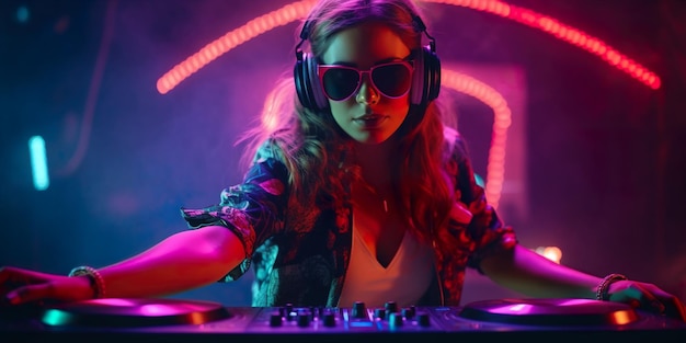 Mujer con gafas de sol escuchando música en un escenario rosa neón por la noche Chica DJ en la fiesta de baile con tocadiscos de consola de DJ y auriculares Creado con tecnología generativa ai