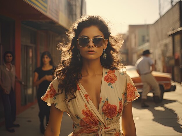 una mujer con gafas de sol está caminando por una calle