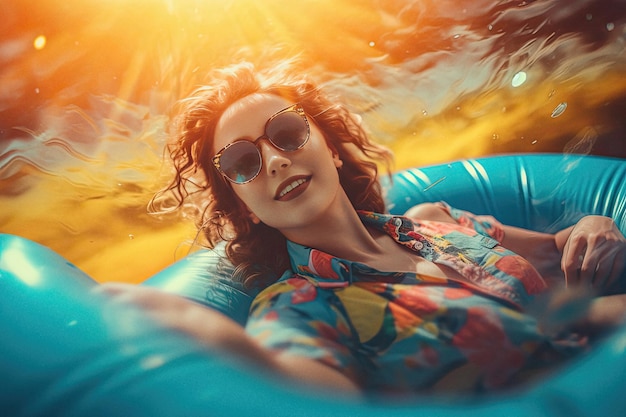 Una mujer con gafas de sol está flotando en una IA inflable generada