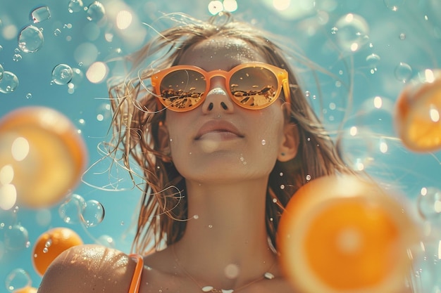 Una mujer con gafas de sol está en la piscina vibraciones de verano generadas por IA