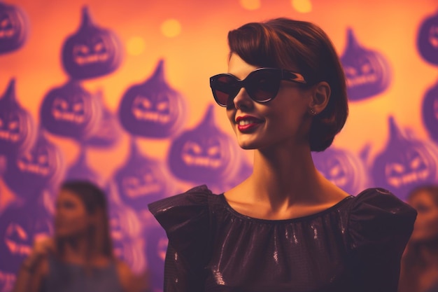 una mujer con gafas de sol frente a calabazas de halloween