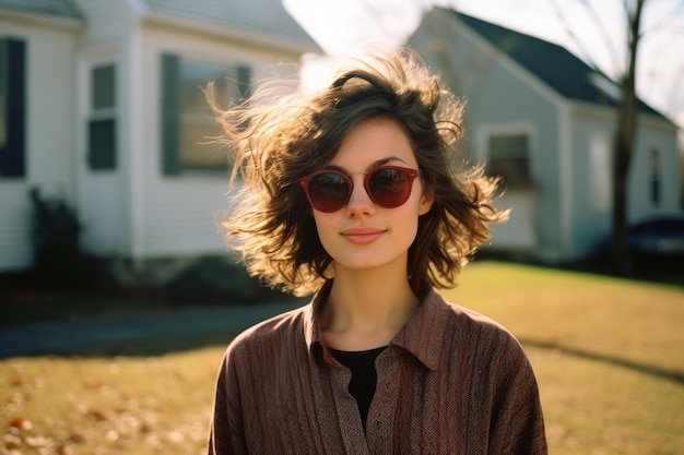 una mujer con gafas de sol frente a una casa