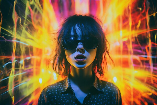 Foto una mujer con gafas de sol frente a un fondo colorido