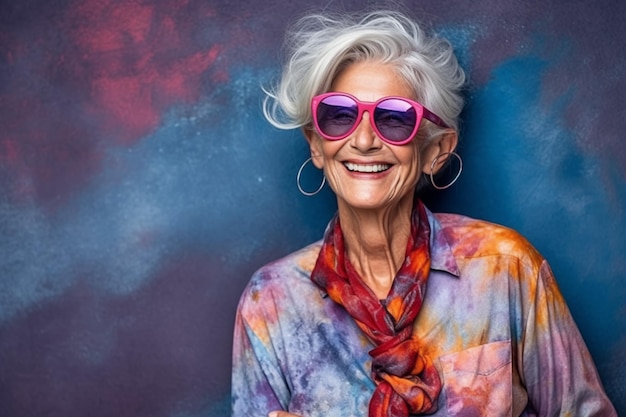 Una mujer con gafas de sol se para frente a una pared colorida.