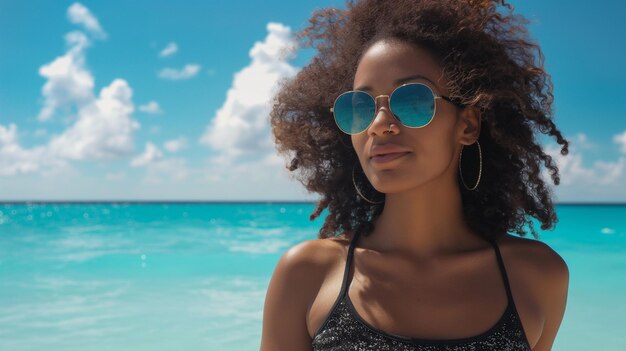 una mujer con gafas de sol y gafas de Sol azules está de pie frente a un océano azul