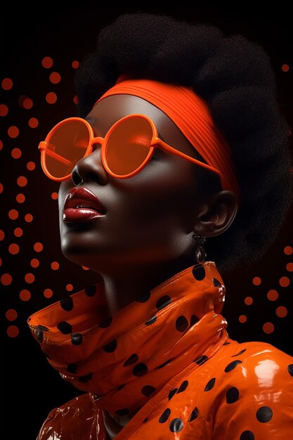 una mujer con gafas de sol con gafas de sol de color naranja sobre un fondo negro