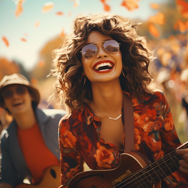 una mujer con gafas de sol y una guitarra con una sonrisa en su rostro.