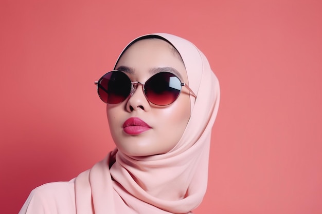 Una mujer con gafas de sol y un hiyab rosa.