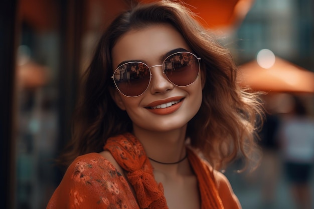 Una mujer con gafas de sol y una IA generativa superior naranja