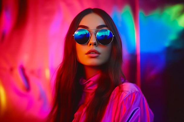 Mujer con gafas de sol parada frente a una pared de color neón con fondo rosa y azul IA generativa