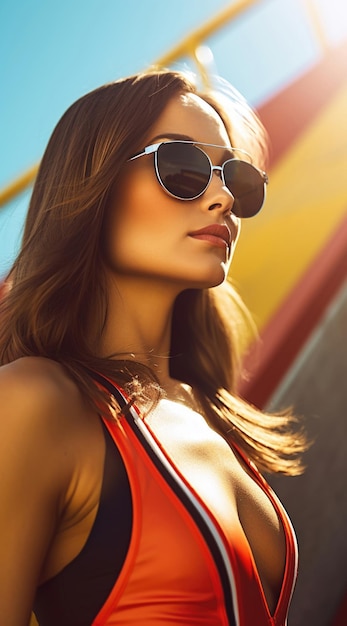 Mujer con gafas de sol de pelo largo en traje de baño