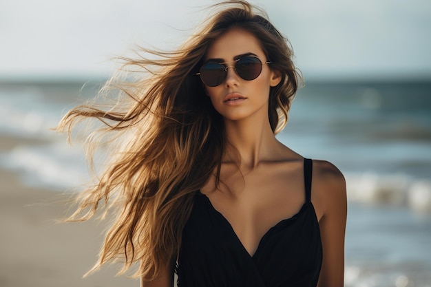 Una mujer con gafas de sol con el pelo largo en el viento en la playa.