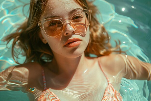 Foto una mujer con gafas de sol está en la piscina vibraciones de verano generadas por ia