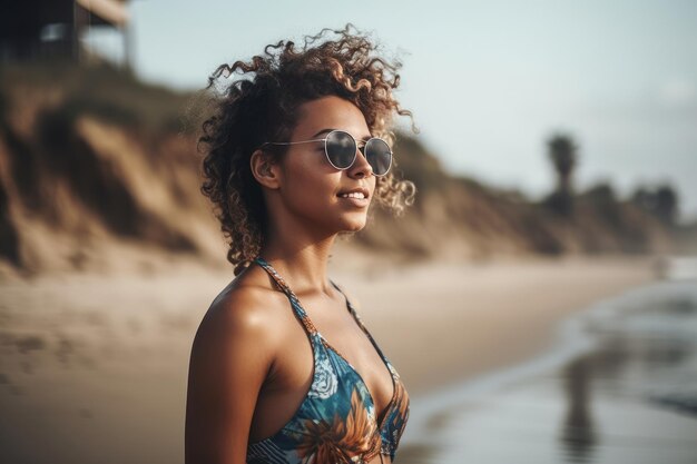 Una mujer con gafas de sol se para en la playa frente a una ola.