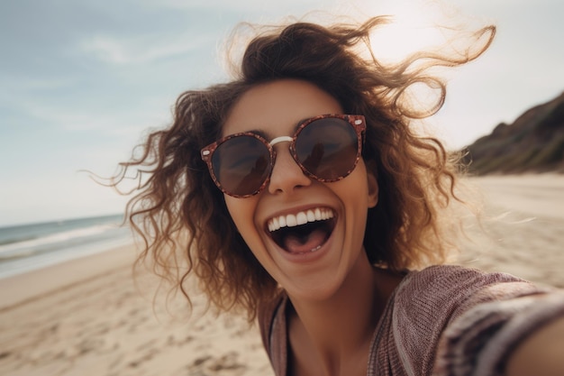 una mujer con gafas de sol en la playa