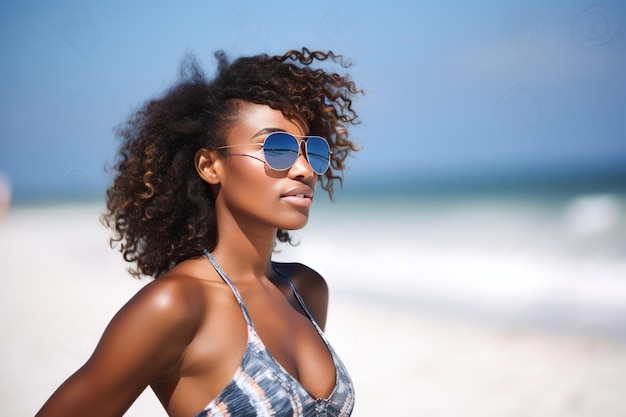 una mujer con gafas de sol en la playa