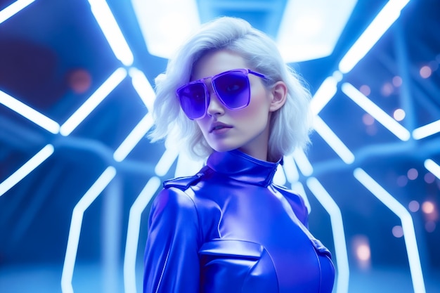 Mujer con gafas de sol púrpuras y vestido azul en un entorno futurista IA generativa