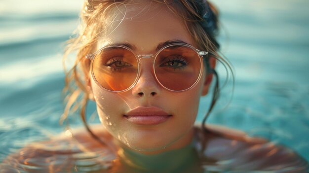 Una mujer con gafas de sol redondas está sentada en una piscina azul clara disfrutando del agua fresca en un día soleado