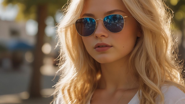 una mujer con gafas de sol con un reflejo del cielo en sus ojos