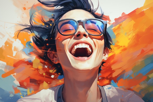 una mujer con gafas de sol se ríe frente a un fondo colorido