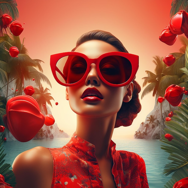 Una mujer con gafas de sol rojas y un fondo tropical