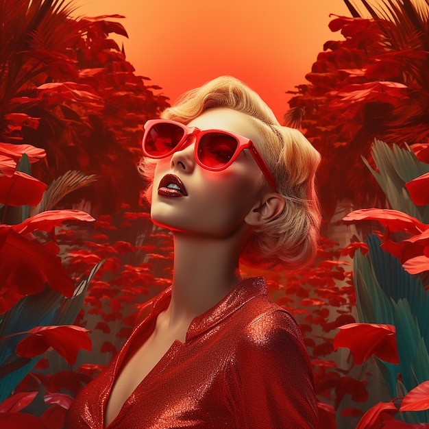 Una mujer con gafas de sol rojas y un fondo tropical