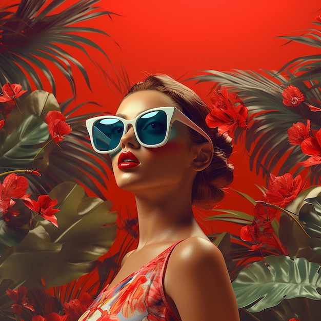 Una mujer con gafas de sol rojas y un fondo tropical