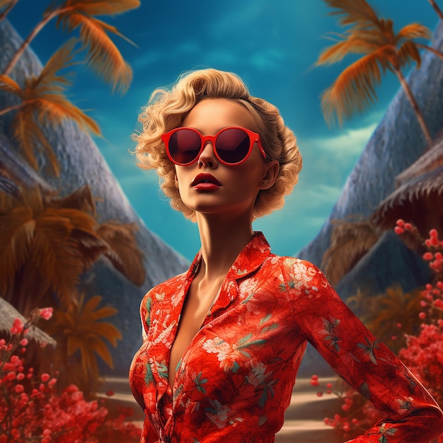 Una mujer con gafas de sol rojas y un fondo tropical
