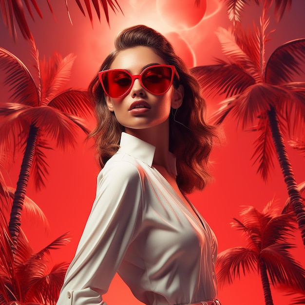 Una mujer con gafas de sol rojas y un fondo tropical