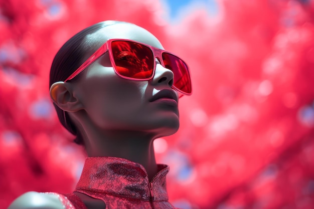 una mujer con gafas de sol rojas frente a árboles rosados